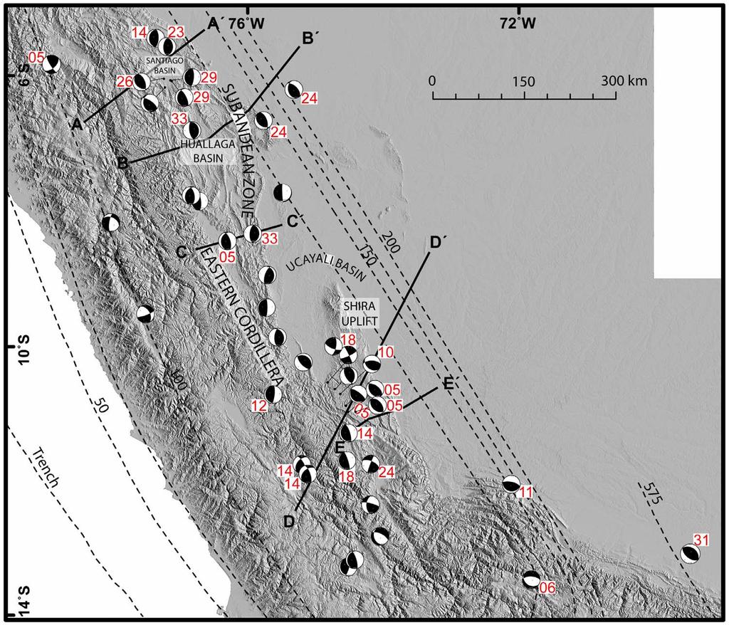 Figure 10. Continental seismicity of the Peruvian Andes above flat subduction. A-A and B-B, C-C, D-D, and E-E are different cross-sectional views shown in Figures 11 16.