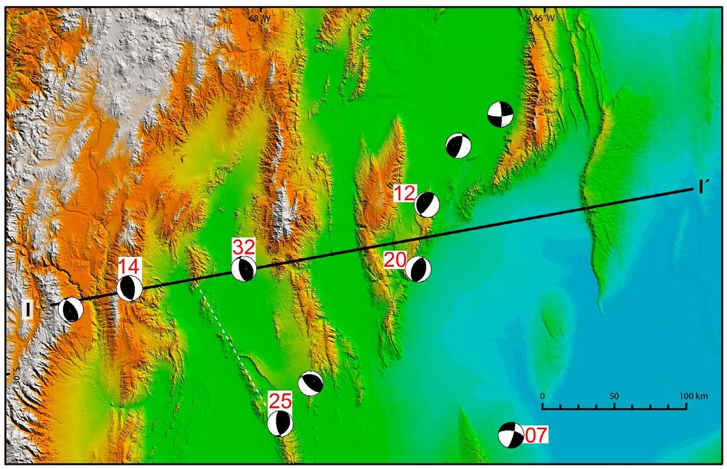 Figure 17. Seismicity of the Bolivian foreland, (left) map and (right) P axis orientations. Profile F-F is shown in work by Devlin [2008].