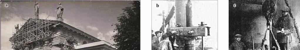 Fig. 9. Reinforcement of the Cathedral foundation (a). Pile placing (b, c) (Wąsowicz 1933) Fig. 10. 1 remainings of the square building, 2 the northern wing other chapels of the end of the XIV c.