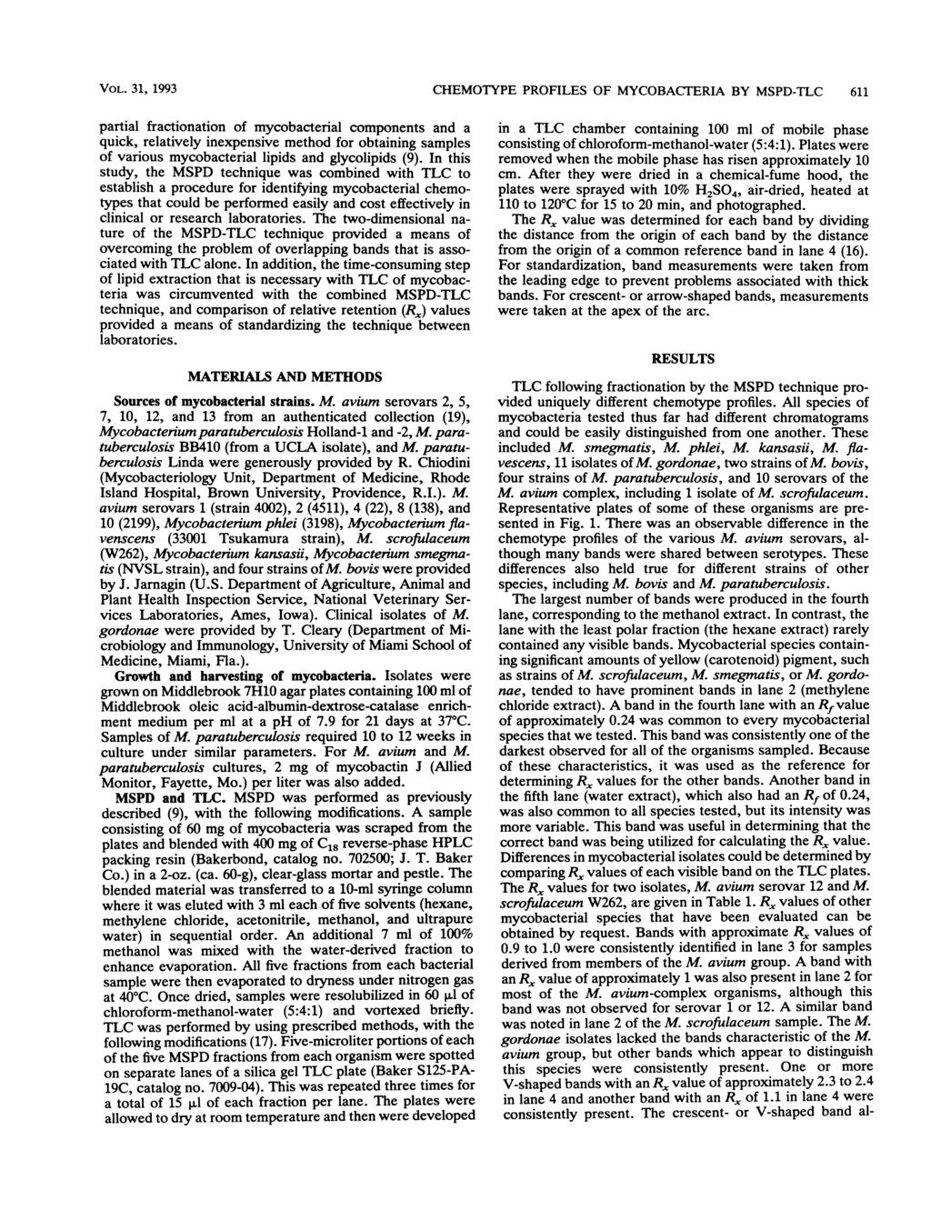 VOL. 31, 1993 CHEMOTYPE PROFILES OF MYCOBACTERIA BY MSPD-TLC 611 partial fractionation of mzycobacterial components and a quick, relatively inexpensive method for obtaining samples of various