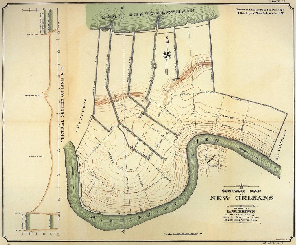 Topographic map with one foot contours prepared under the direction of New Orleans City Engineer L.W.