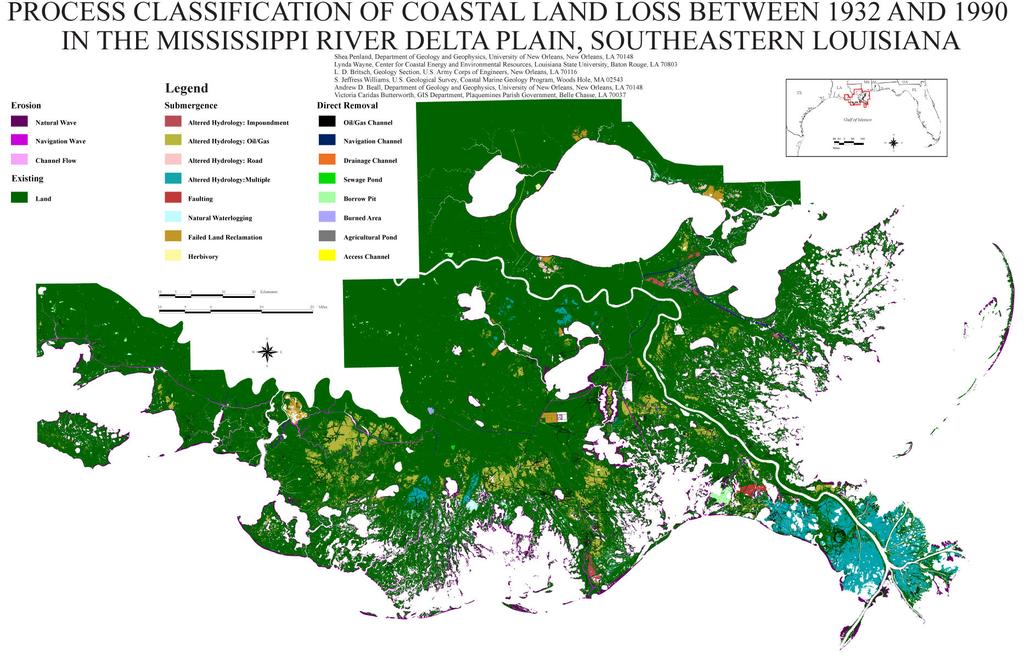 Between 1932-1990 1990 an average of 35 square miles of land was being lost to the sea