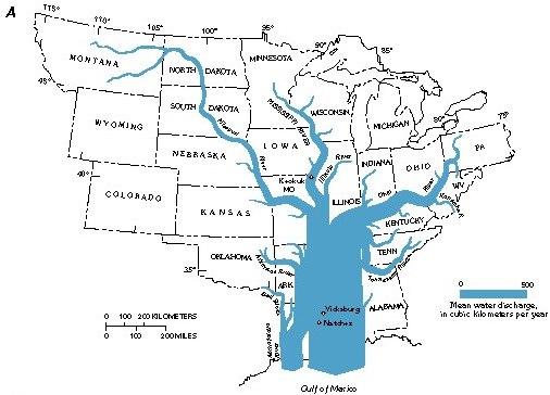 The Mississippi River drains approximately 41% of the continental United States, discharging about 580 km 3 of water each year (420 billion gpd).