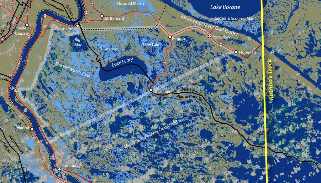 During Hurricane Katrina, 115 square miles of land area was lost.