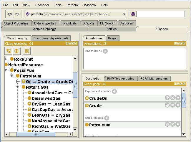 44 6.2.1 The OWL Classes tab With the Protégé s OWL Classes tab, classes can be created and edited. The Classes tab also displays the class hierarchy of the ontology. Figure 6.