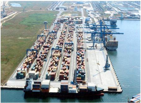 Figure 10: Commercial container terminal at Port Constanta, Romania, showing holding yards for cargo containers (on left), and ships (on right) being loaded using gantry cranes.
