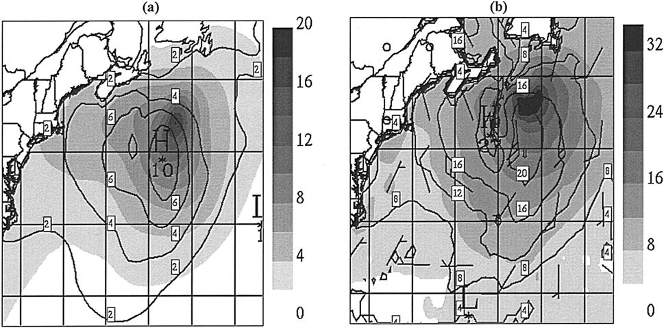 412 JOURNAL OF PHYSICAL OCEANOGRAPHY VOLUME 30 FIG. 9. The 24-h forecast/hindcast valid at 0000 UTC 11 September 1995 of (a) SWH in meters and (b) u 10 in meters per second.
