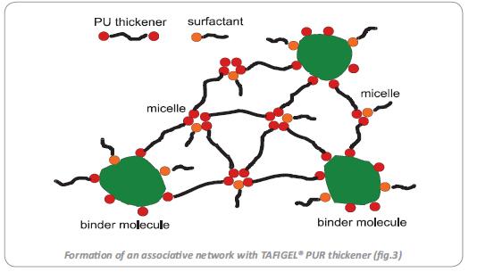 micelles linking them physically this way. The hydrophobic end groups of several thickener molecules are forming micelles among each other.