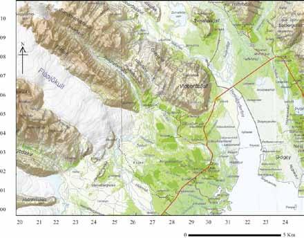 6 The map shows the Flaajokull glacier in the Hofn district in eastern Iceland. Map published by M ál og Menning 2009.