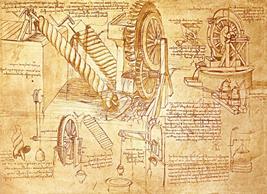 Slika 1.. L. da Vincijeve skice uređaja za transport vode 1687. Isaac Newton (164. 177.) postavlja zakon viskoznosti te zakon očuvanja količine gibanja. Daniel Bernoulli (1700. 178.