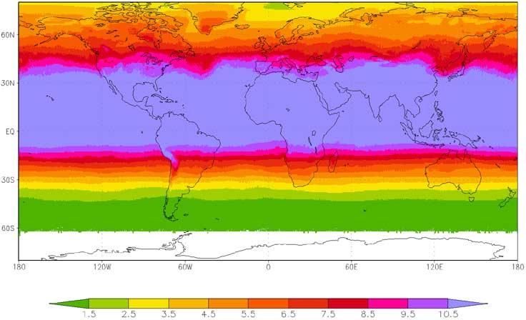 TANSKANEN et al.: SURFACE ULTRAVIOLET IRRADIANCE FROM OMI 1269 Fig. 2. Global distribution of the clear-sky UV index at local solar noon on June 3, 2005 derived from OMI measurement data. dose rate.