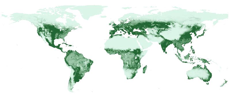 Figure 4: Worldwide distribution of land suitability for cultivation. Source: Ramankutty et al. (2002) ph.