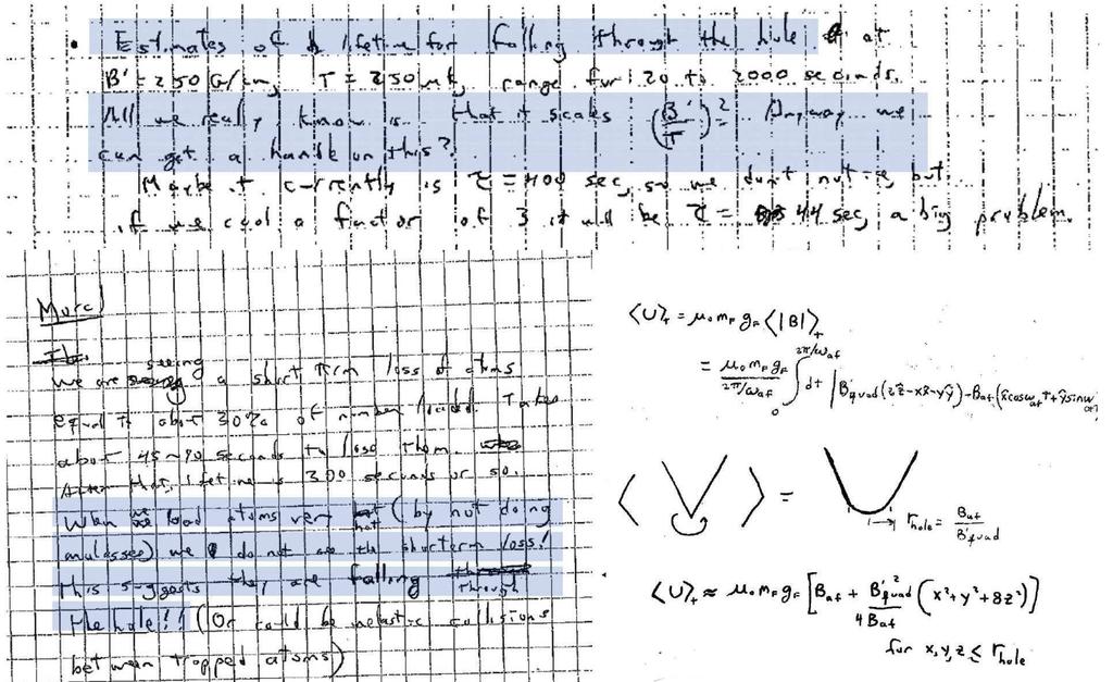 Figure 7: Hand-written notes of E. Cornell in the laboratory notebooks at JILA during the first experiments that led to Bose-Einstein condensation.