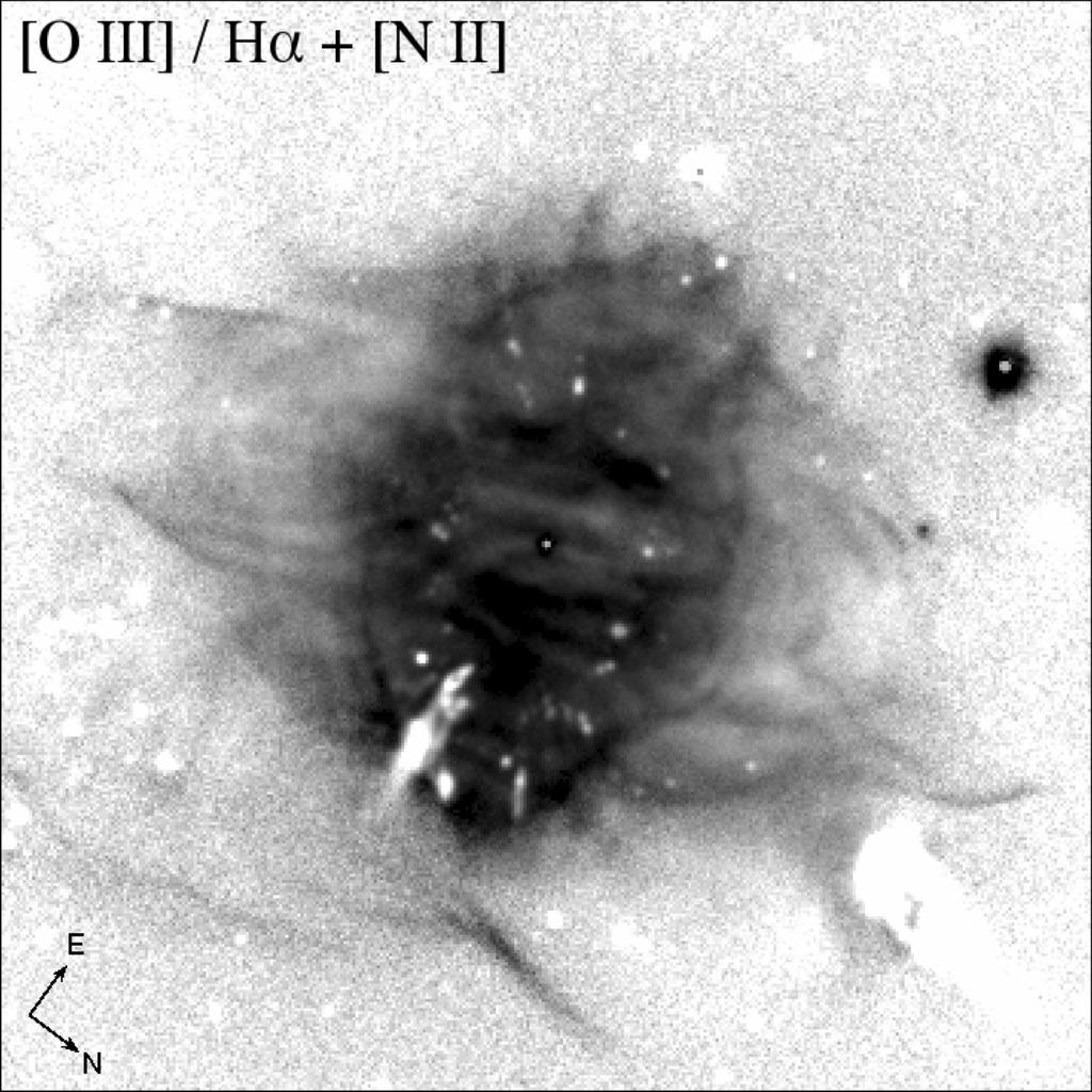 Fig. 3. The central nebula of Fg 1: this 90 x 90 image shows the ratio between the [O III] and Hα+[N II] FORS2 images.