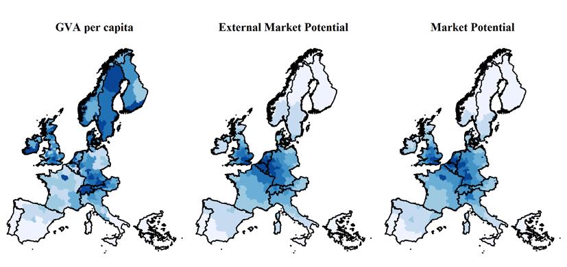 Figure 1. Cloropleth maps of the logs of GVA per capita and Market Potential (2008) Figure 2.