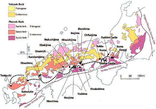 Chapter 3. Stone Heritage of Japan Figure 19. Quarry sites and transportation routes of the stones used in the reconstruction of the Osaka Castle.