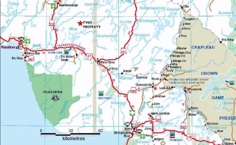 The Tyko Ni-Cu-PGE property is located in North- Western Ontario, near the Hemlo gold mining