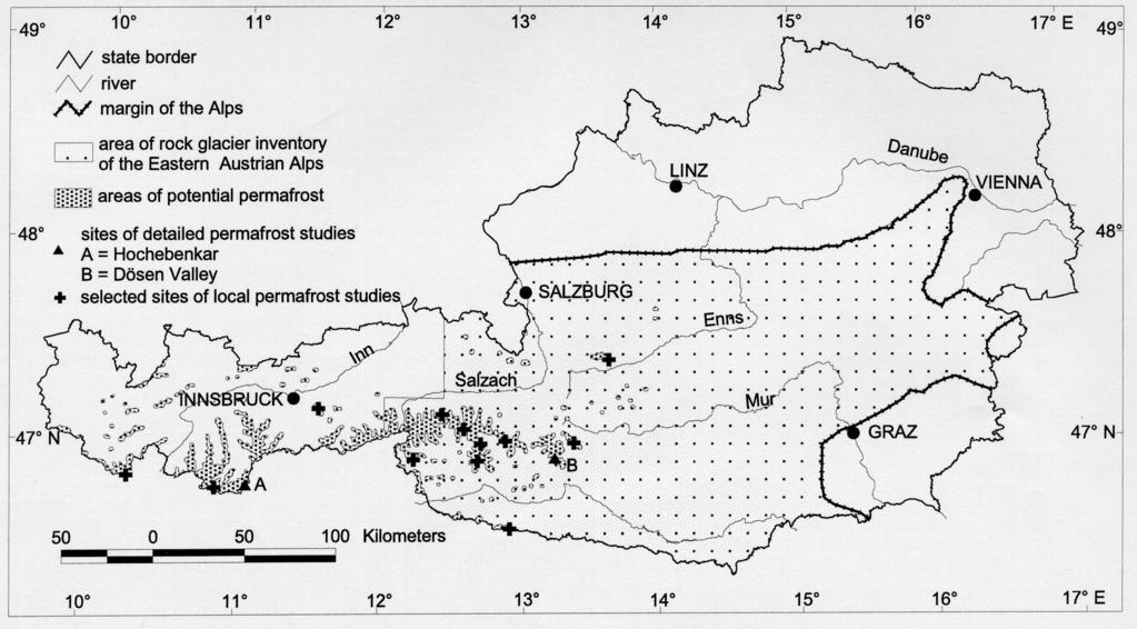 Figure 1. Distribution of potential permafrost and location of permafrost investigation sites in Austria (explanation in the text). relative height of the catchment area).