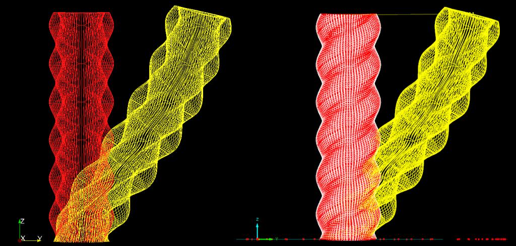 Figure 28: Deformation of Wood Tower computed on Akantu (left) and on RFEM (right). Deformations scale 150x.
