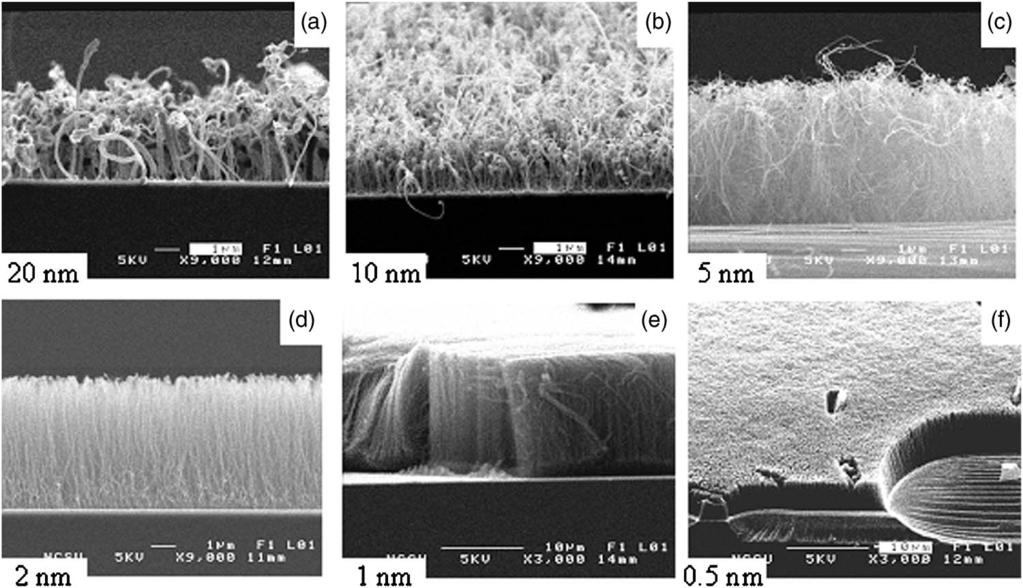 014312-3 Wang et al. J. Appl. Phys. 98, 014312 2005 FIG. 2. Scanning electron micrograph of vertically aligned CNT films grown on different thickness Fe catalyst layers.
