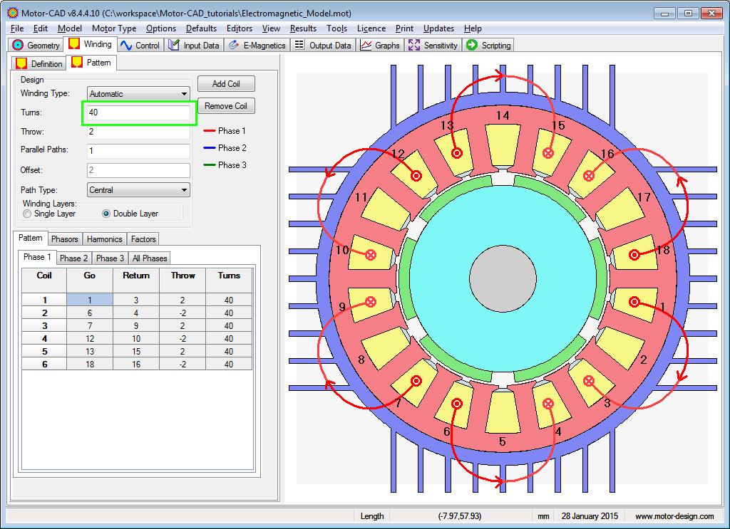 Winding Definition Motor-CAD will automatically set up the winding pattern for the slot / pole combination of this machine.