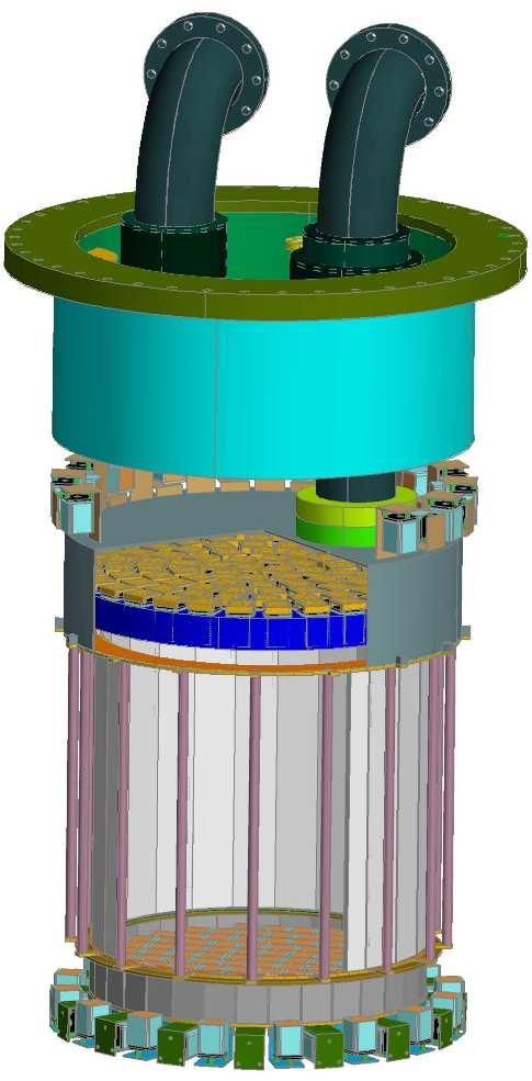 Figure 5: Schematic of the XENON100 TPC (left) and the cryostat inside the shield (right). in the gas (S2, with characteristic a width of a few µs).