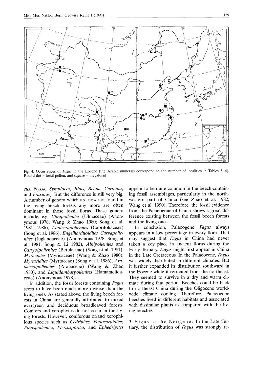 Mitt. Mus. Nat.kd. Berl.. Geowiss. Reihe 1 (1998) 159 Fig. 4. Occurrences of Fagus in the Eocene (the Arabic numerals correspond to the number of localities in Tables 3, 4).