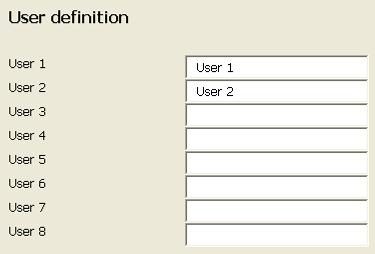 3.9. User Settings Within user settings up to 8 users can be predefined for selection at process start. Enter desired name / definition within white fields.