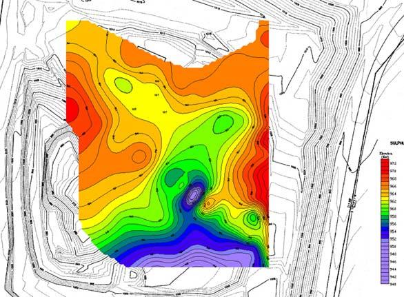 create a contour map for the elevation of the top of the bedrock surface (Figure 8), on which potential drilling targets were overlaid. Figure 8.: Bedrock surface contour map.