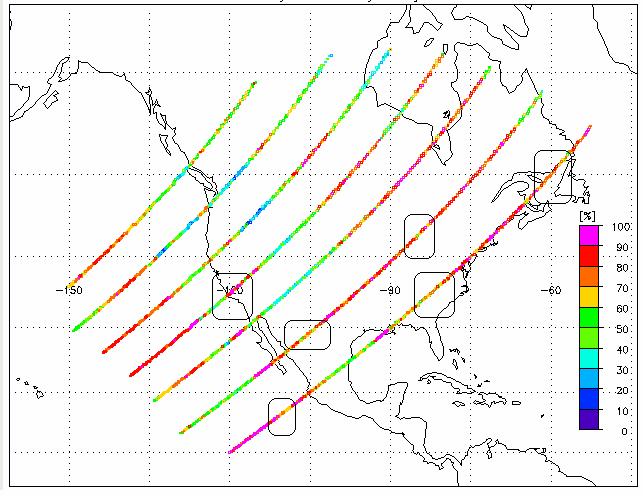 Figure 8: Shows tracks 1-7 and indicates the probability of obtaining a partially cloudy 1.2km FOV provided for every cell along each satellite track.