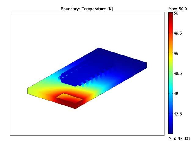 Figure 2-49: Boundary plot of the temperature created with the assistance of the transparency tool in COMSOL Multiphysics.