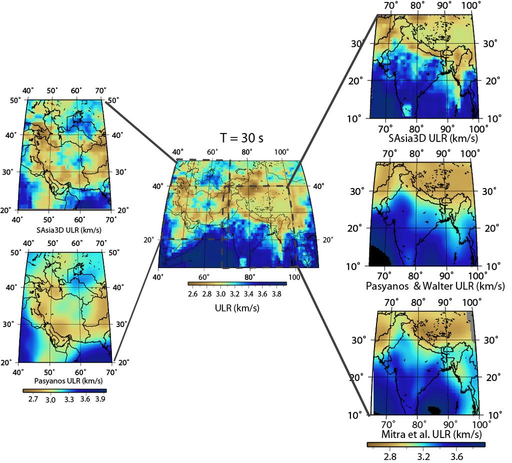 Figure 5. Predicted group velocities from SAsia3D at a period of 30 s. The middle plot shows the group-velocity map across our entire study region.