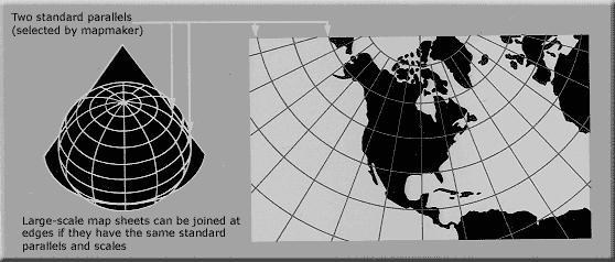 Lambert Conformal Conic Projection (conic projection) Shapes are true