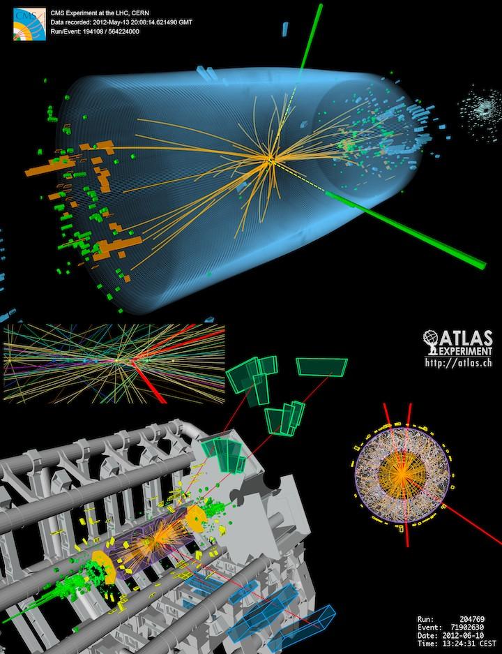 Search for Higgs Boson The top event in the CMS experiment shows a decay into two photons (dashed yellow