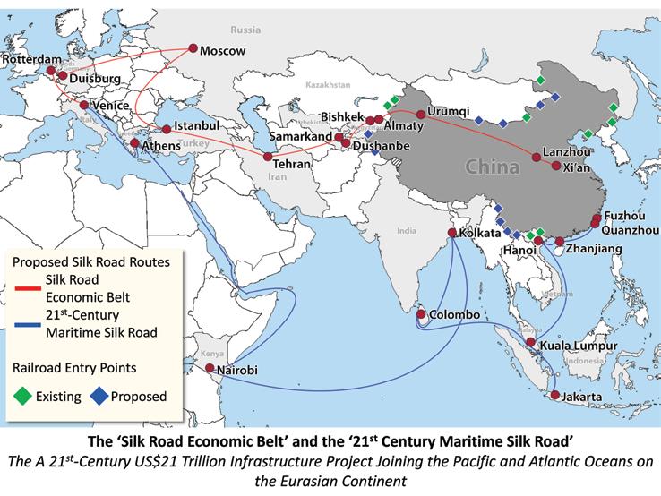 Sources: Xinhua (Silk Road routes); United Nations (rail entry points).