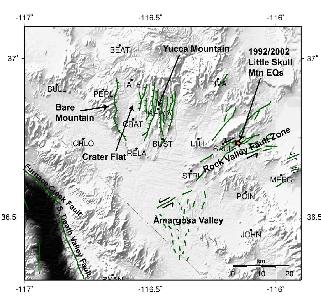 the boundary zone between the Basin and Range to the east and right-lateral shear associated with the San Andreas Fault zone to the west.
