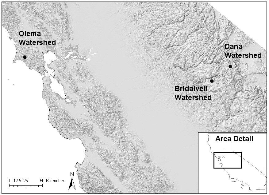 Herpetological Conservation and Biology FIGURE 1. Location of Olema, Bridalveil, and Dana watersheds in central California, USA. analysis.