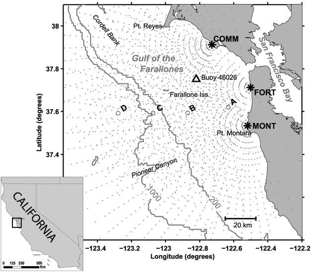 Figure 1. Gulf of the Farallones study area. The box in the index map of California outlines the study area. Grey lines denote the 200 and 1000 m bathymetry contours.