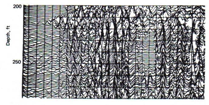 Display of acoustic log-data Display of full waveform as a wiggle-plot Source: Well logging for physical