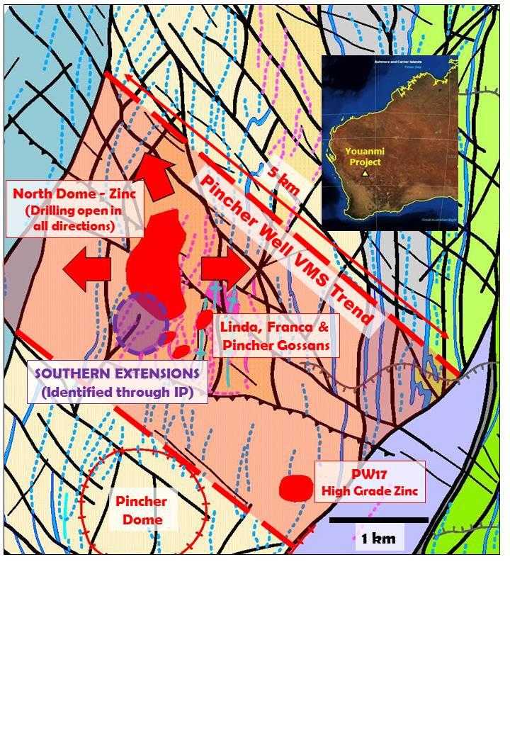 Figure 6. Interpreted Pincher Well geology with prospects, mineralisation defined by drilling (red) and untested IP target (purple).