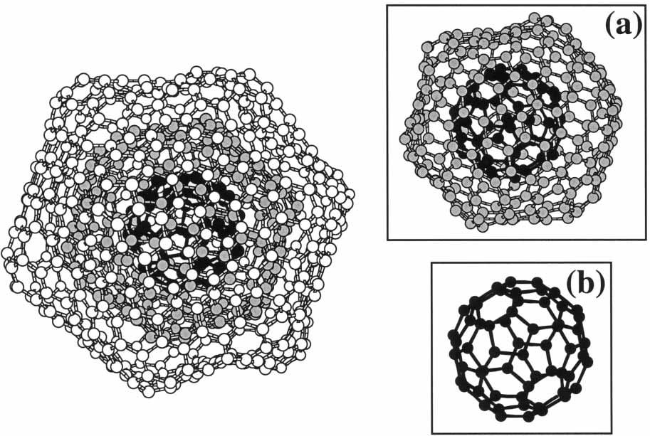 As the pressure increases over 200 300 GPa, the spheres both the fullerene shell and the a-c core flatten at their edges and turn into cubes.