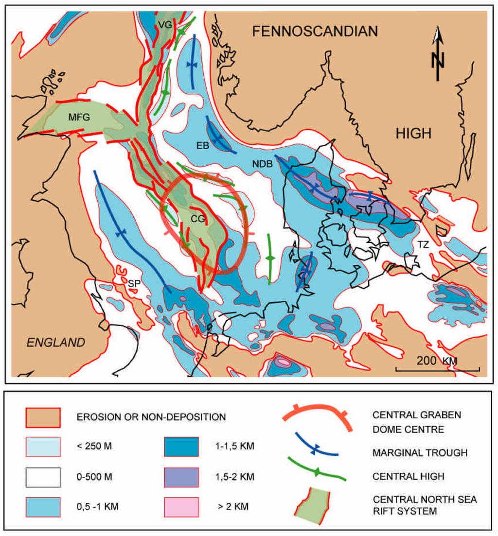Figure 3. Upper Cretaceous isopach map of the North Sea (redrawn from Ziegler, 1990).