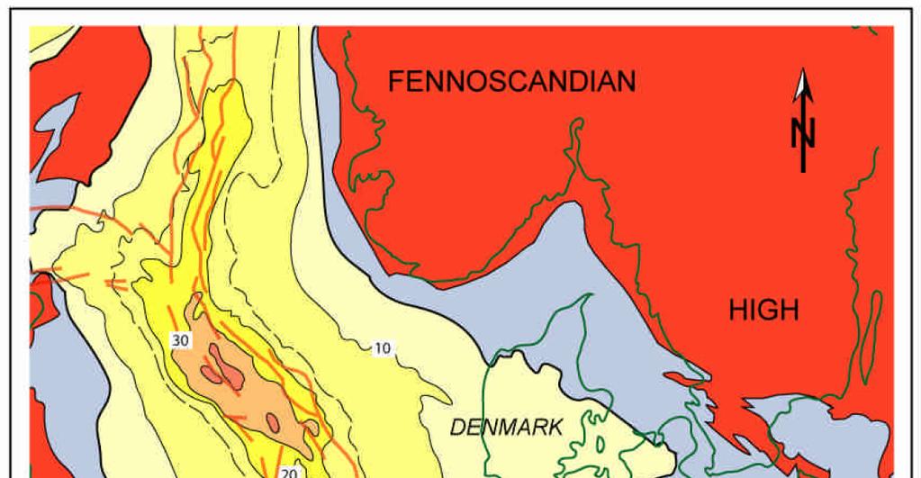 Figure 4. Geological map of the North Sea Basin; Cenozoic isopach contours redrawn from Ziegler (1990).