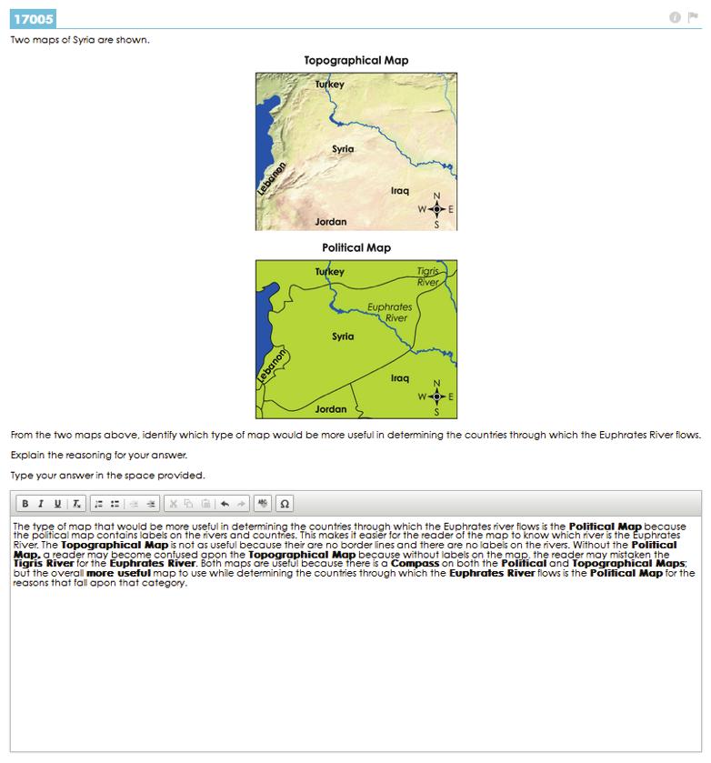 Sample Response: 2 points The response identifies the political map of Syria as more useful to use ( the Political Map ) and provides three correct explanations for that identification: ( the