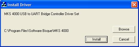 6. Click Install to install the MKS 4000 USB to UART Bridge Controller Driver Set. 7.