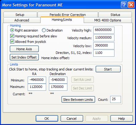 Homing/Limits Tab Paramount ME User s Guide Figure 45: Homing/Limits tab of the More Settings dialog box (TheSky6 Professional Edition).