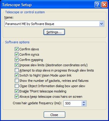 Figure 47: Telescope Setup and Settings dialog boxes. Quick Start 1. From TheSky6 Professional Edition, click Telescope Setup. 2.
