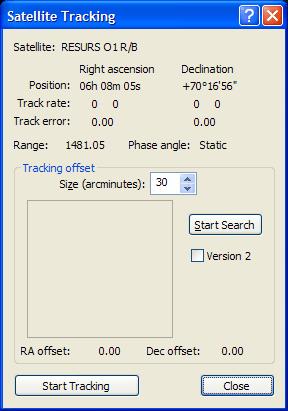 Figure 58: The Satellite Tracking dialog box before and after clicking the Start Search button. 6. Click Start Tracking to slew the mount to the satellite.