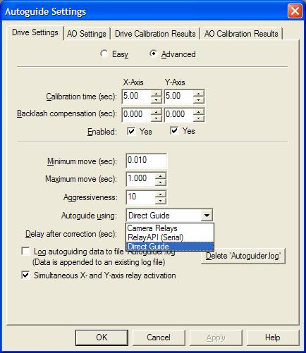 To Enable DirectGuide 1. From CCDSoft, click Camera Setup. 2. Click the Autoguider option. 3. Verify that the correct autoguider is selected from the Autoguider list. 4. Click the Autoguide tab. 5.