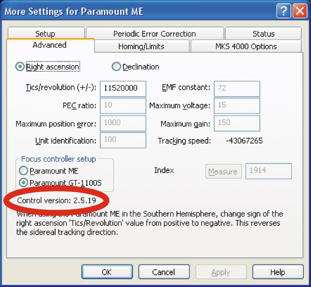 Figure 73: Advanced tab of the Paramount ME More Settings dialog box showing the firmware or control version. 1.